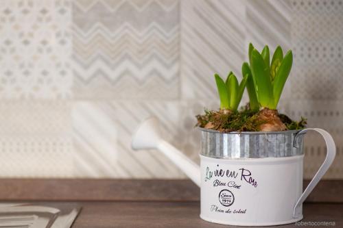 a plant in a watering can sitting on a table at A CASA DI PATTY in Gorgonzola