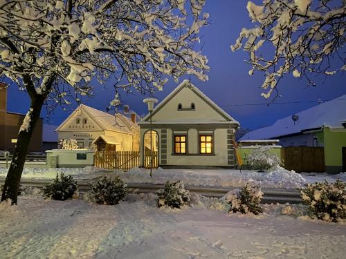 a house with its lights on in the snow at Tschardakenhof Appartements in Lutzmannsburg