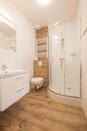 un bagno con doccia, WC e lavandino di Eskapada a Szklarska Poręba