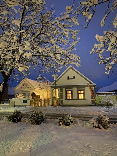 a house with its lights on in the snow at Tschardakenhof Appartements in Lutzmannsburg