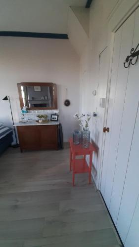 a room with a red table and a microwave at B&b Hoogholtje in Onderdendam