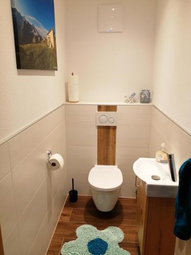 a bathroom with a toilet and a sink at Ferienwohnung Kaufbeurerhausblick in Hinterhornbach