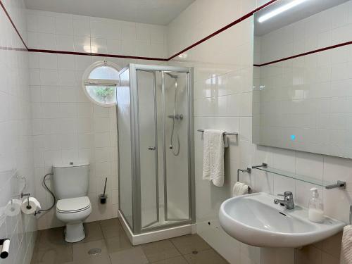 ラ・マンガ・デル・マール・メノールにあるVilla Las Palmerasのバスルーム(シャワー、トイレ、シンク付)