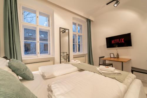 a bedroom with two beds and a tv and windows at Albrecht I levestate in Vienna
