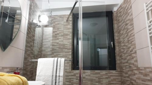 W łazience znajduje się prysznic ze szklanymi drzwiami. w obiekcie Cozy penthouse in a new business building in city center. Free private parking w Klużu-Napoce