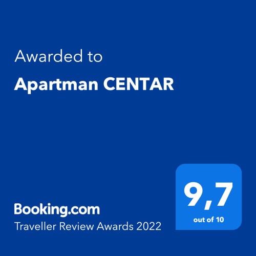 Certifikát, hodnocení, plakát nebo jiný dokument vystavený v ubytování Apartman CENTAR