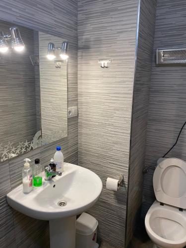 a bathroom with a sink and a toilet and a mirror at Pension El Dorado in Alicante