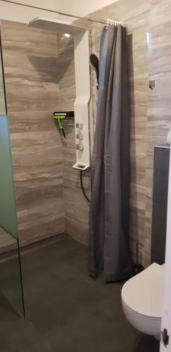 a bathroom with a toilet and a shower curtain at Lifestyle Balaton in Siófok