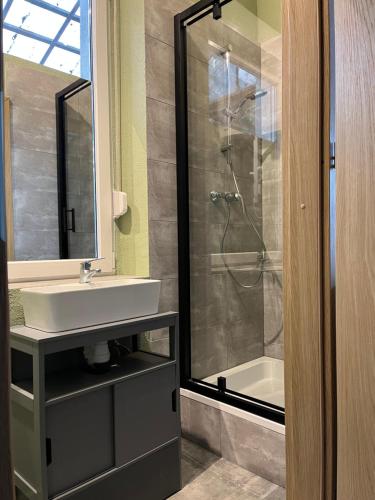 a bathroom with a sink and a shower at Apartament przy Kazimierza in Zielona Góra