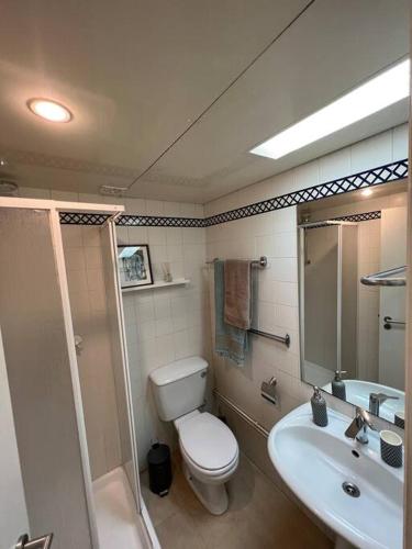 uma casa de banho com um WC e um lavatório em Atlantic view apartment at Formosa beach no Funchal