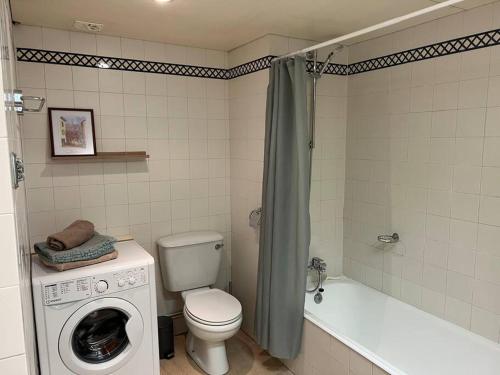a bathroom with a toilet and a washing machine at Atlantic view apartment at Formosa beach in Funchal