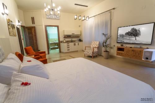 a bedroom with a large white bed and a television at Villar in Rosh Pinna