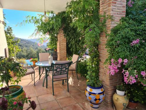 Cortijo La Haza في إيزناخار: فناء مع طاولة وكراسي وزهور