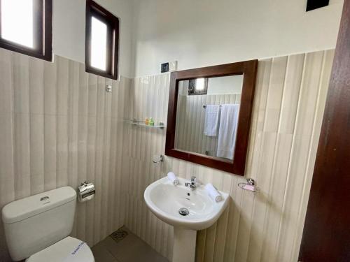 a bathroom with a sink and a toilet and a mirror at Theon Resort in Anuradhapura