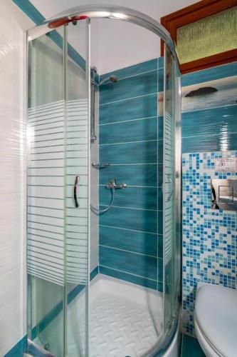 a bathroom with a glass shower with a toilet at pension holidays studios in Vasiliki
