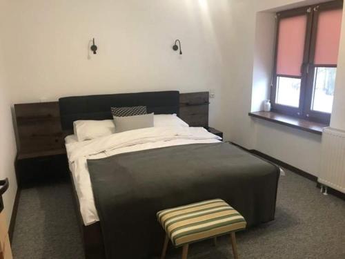 a bedroom with a large bed and a chair at Pod Śnieżnymi Kotłami in Piechowice
