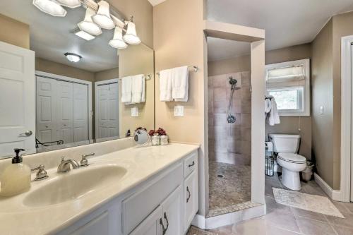 a bathroom with a sink and a toilet and a mirror at Scenic Pet-Friendly House with Private Hot Tub! in Waynesville
