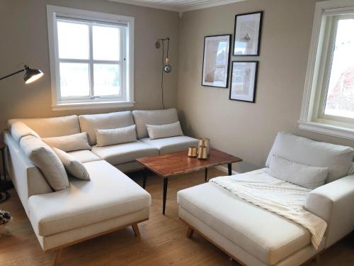 ein Wohnzimmer mit 2 Sofas und einem Couchtisch in der Unterkunft Sentralt rekkehus med solrik veranda! in Arendal