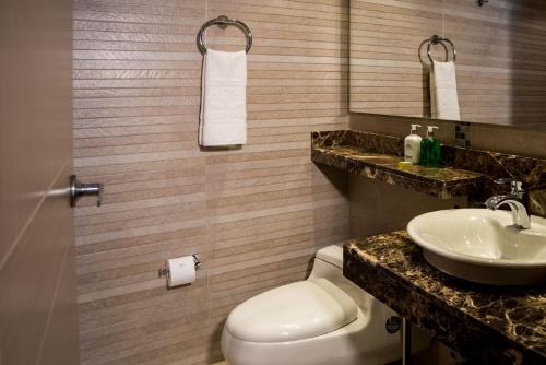 y baño con aseo y lavamanos. en Apartamentos Plaza Suites en Bogotá