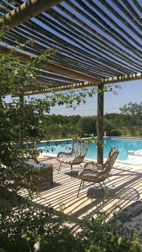 un patio avec deux chaises et une piscine dans l'établissement Domaine de Rateau, à Bayas
