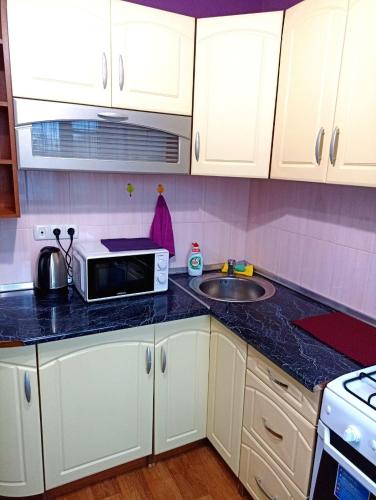 a kitchen with a microwave and a sink at Уютные апартаменты c кондиционером на Уманчанке in Umanʼ