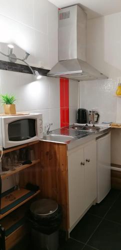 a small kitchen with a microwave and a sink at CosyStudio Site du Futuroscope in Chasseneuil-du-Poitou