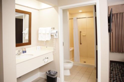 a white bathroom with a toilet and a sink at Baymont by Wyndham Jackson/Ridgeland in Jackson