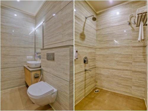 two pictures of a bathroom with a toilet and a shower at Hotel Centre Park Bhopal in Bhopal