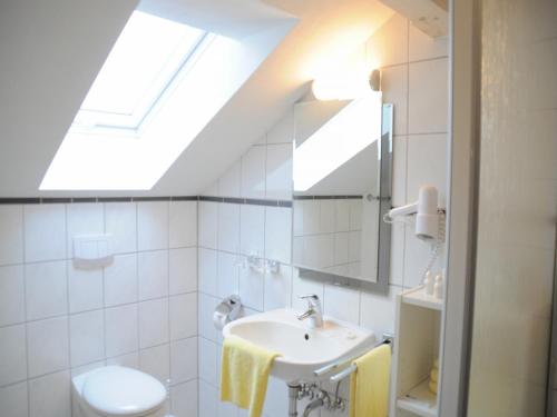 a bathroom with a sink and a skylight at Landhaus Harmonie in Arnbruck