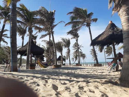 a beach with palm trees and a hammock on it at VG SUN CUMBUCO-Lake Flat C1 201 1 a 4 pessoas in Caucaia