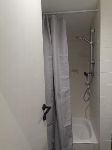 a shower with a white shower curtain in a bathroom at NEST'L Appartements & Zimmer in Mösern