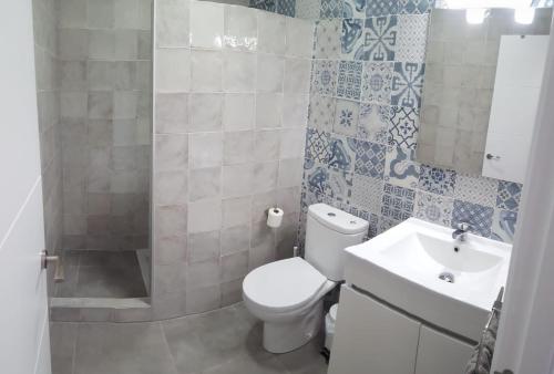 uma casa de banho com um WC, um lavatório e um chuveiro em Casa Los Naranjos 3 em Cádiz