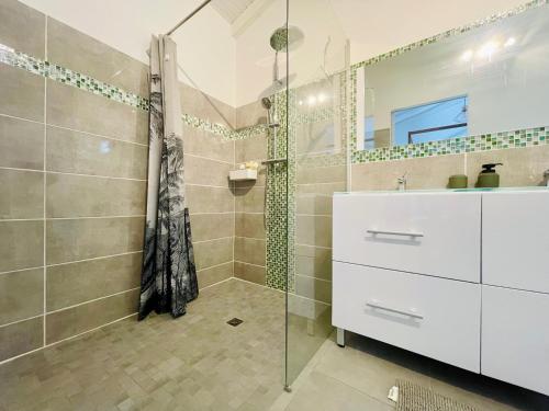 een badkamer met een glazen douche en een wastafel bij Kaza Lenah villa 2 chambres dont une en mezzanine, piscine et cuve tampon, Saint-François in Saint-François