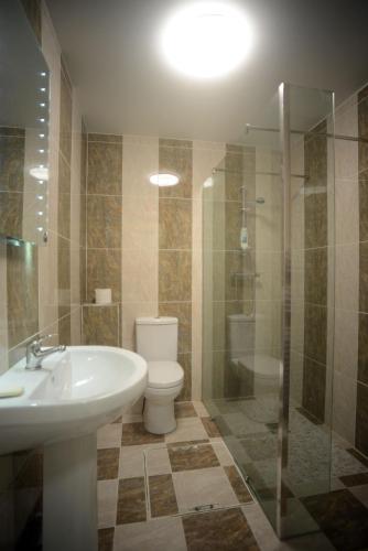 a bathroom with a toilet and a sink and a shower at Summerfield Farm in Tilbrook