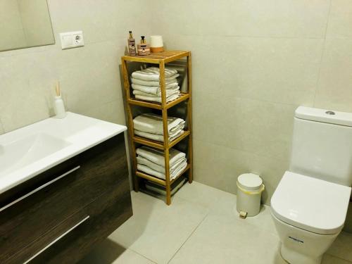 een badkamer met een wastafel, een toilet en handdoeken bij Apartamento Rural Areso - Fraxkuenea in Areso