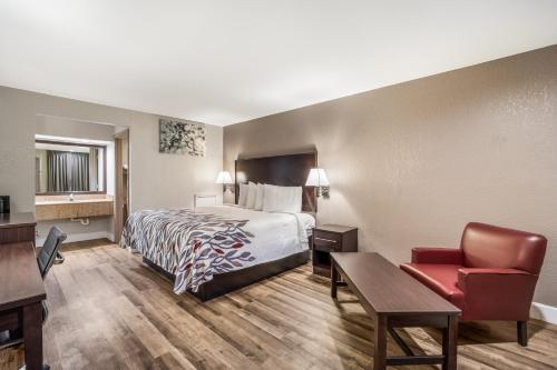 um quarto de hotel com uma cama, uma secretária e uma cadeira em Red Roof Inn Sumter em Sumter