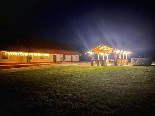 a building with a group of lights at night at Csigevár Birtok in Balatonendréd