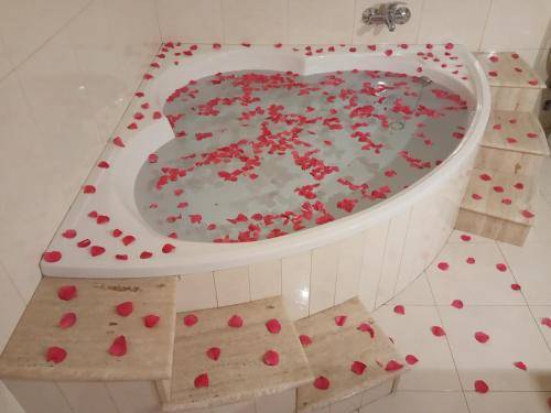 baño con bañera en forma de corazón llena de espolvoreados en Casa silvosa, en Tomiño