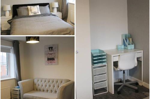 2 fotos de un dormitorio con cama y escritorio en Penelope Maison - London in 50 Mins, Free Parking, 1 BDRM Home, en Peterborough