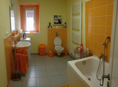 a bathroom with a tub and a toilet and a sink at Apartments Vera in Karlovy Vary