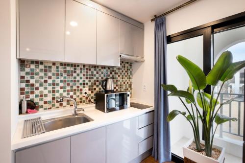 a kitchen with white cabinets and a sink and a plant at Olle Resort in Jeju