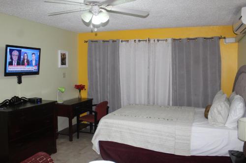 a bedroom with a bed and a desk and a television at Comfy, Central & Elegant Studio New Kingston in Kingston