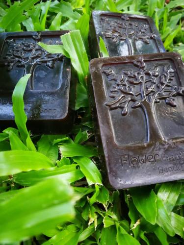 two pieces of iron sitting in the grass at Saengcha Farm Resort in Prachin Buri