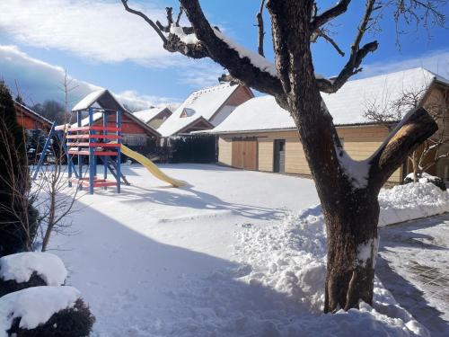 a snow covered yard with a tree and a playground at KAPINA sk - Dom Jasna in Liptovský Mikuláš