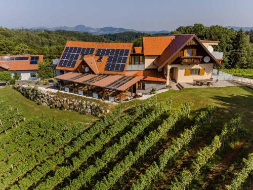 a house with solar panels on it next to a vineyard at Gästezimmer Steiner in Gamlitz