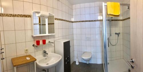 uma casa de banho com um chuveiro, um lavatório e um WC. em Pension Unstrutpromenade em Freyburg