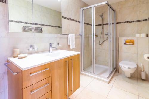 a bathroom with a shower and a sink and a toilet at Chalet Aquila 2 in Wengen