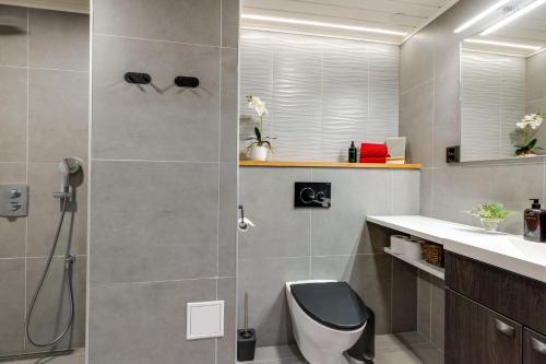 a bathroom with a shower with a toilet and a sink at Luksushuvila Villa Marvik in Himos