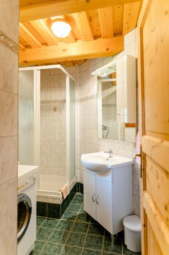 a bathroom with a sink and a washing machine at Gästezimmer Steiner in Gamlitz