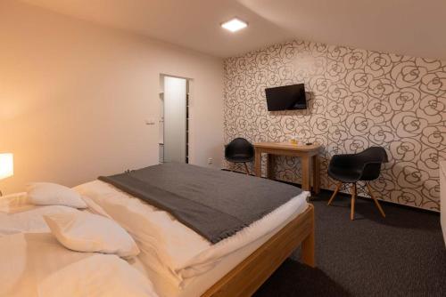 1 Schlafzimmer mit einem Bett mit 2 Stühlen und einem Schreibtisch in der Unterkunft Hotel Lion in Modřice